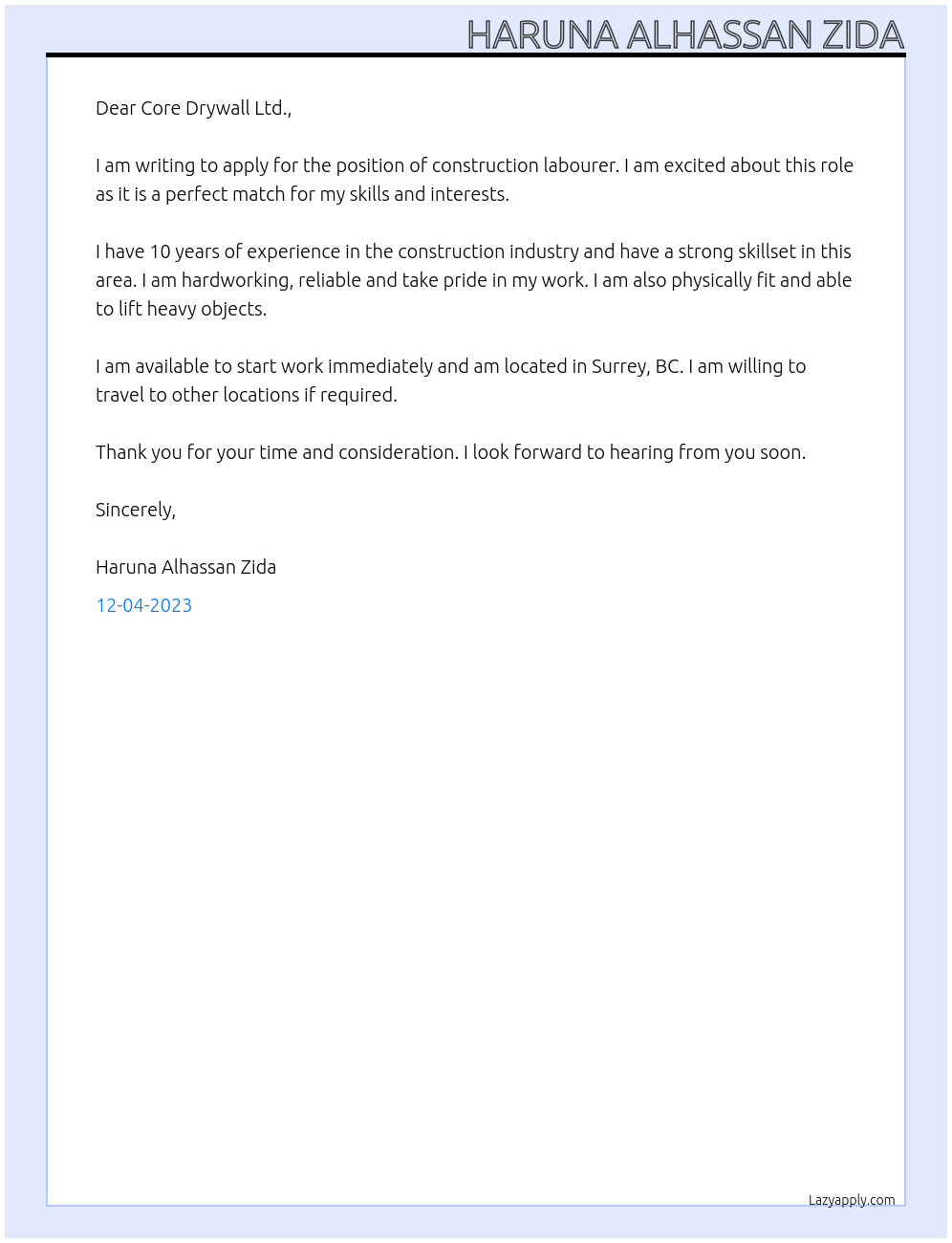 Construction labourer At Job Bank #2576608 Cover Letter