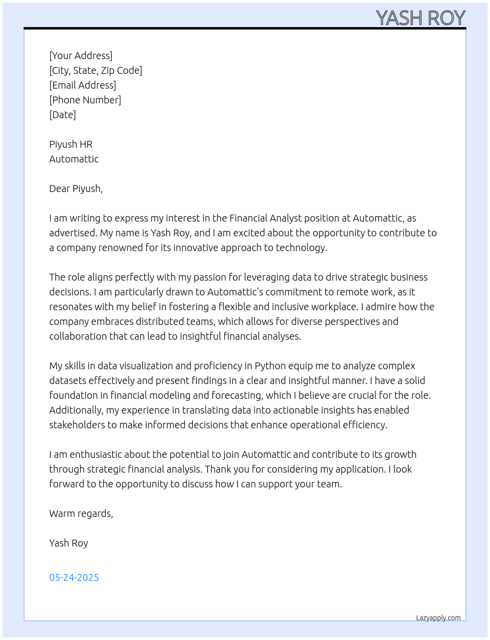Cover letter for financial analysis - LazyApply
