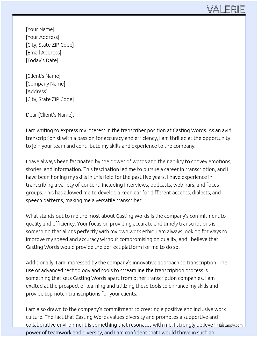 transcriber At casting words Cover Letter