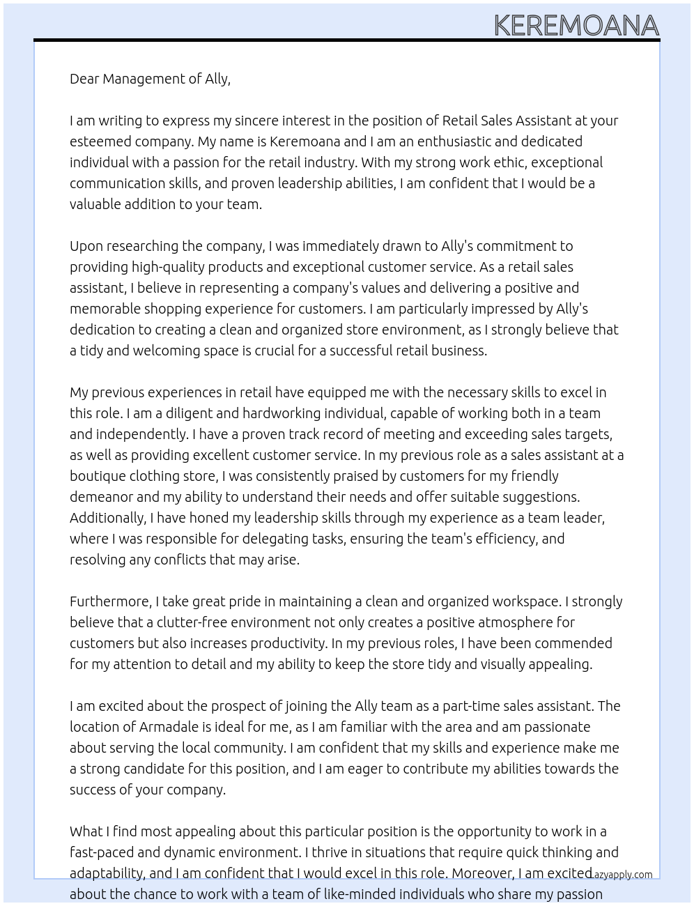 Retail sales assistant At Ally Cover Letter