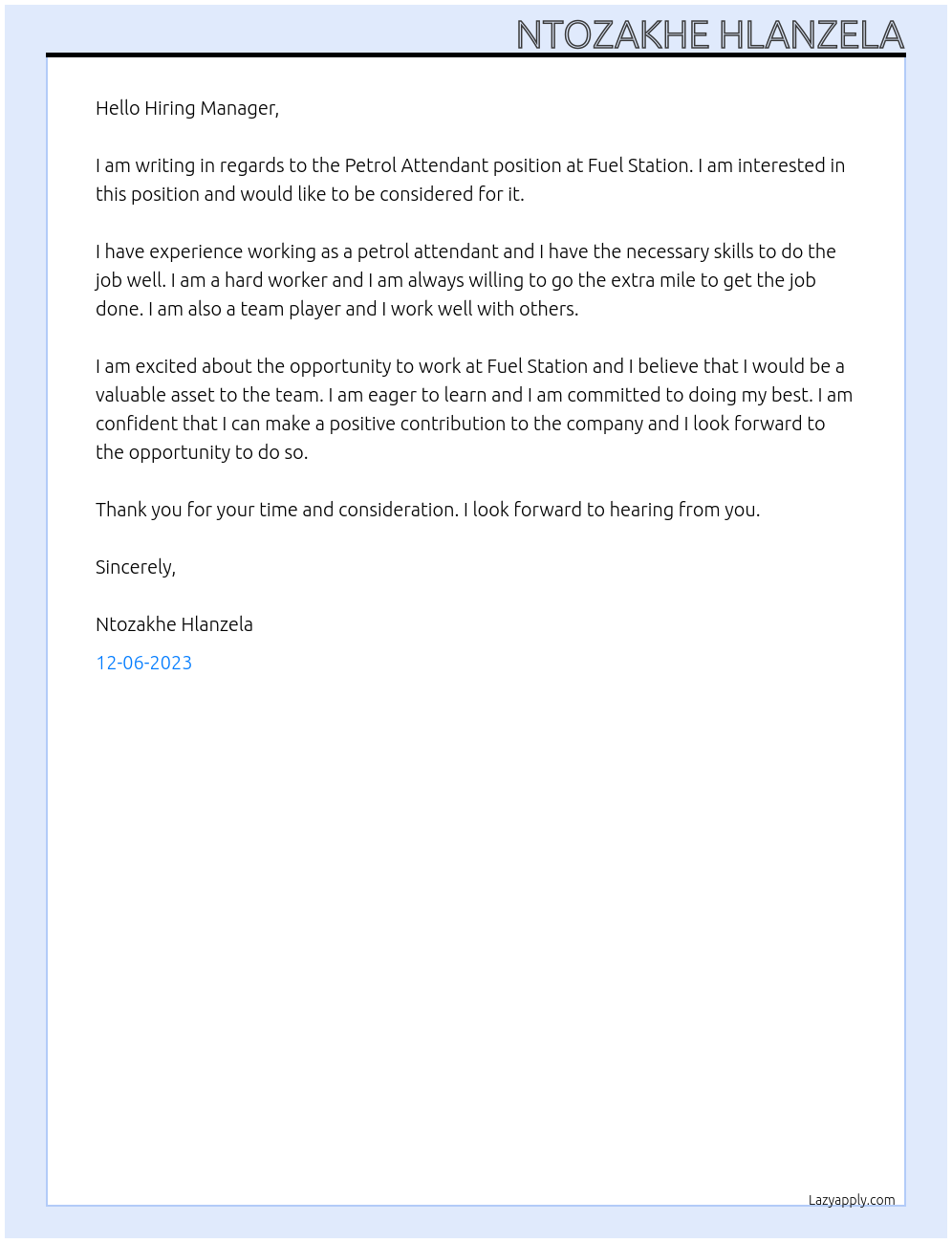 Petrol Attendant  At Fuel Station  Cover Letter