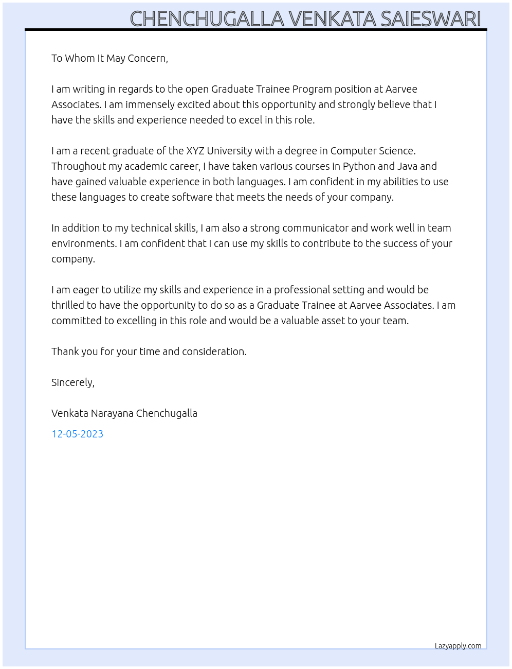 Graduate trainee program  At AARVEE ASSOCIATES Cover Letter