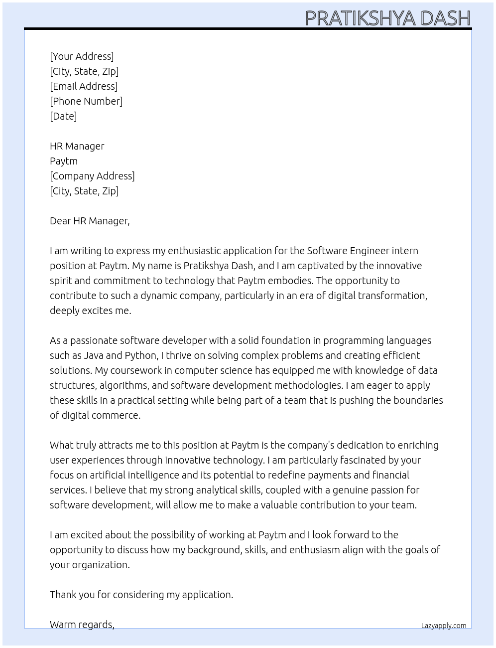 Cover letter for software engineer intern - LazyApply