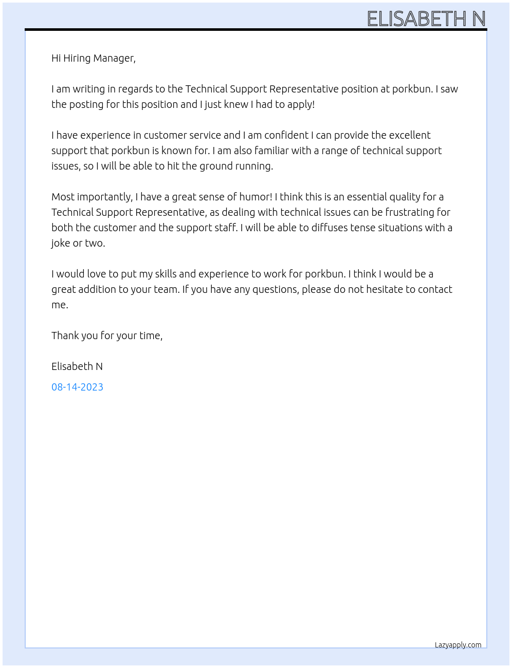 Technical Support Representative At porkbun Cover Letter