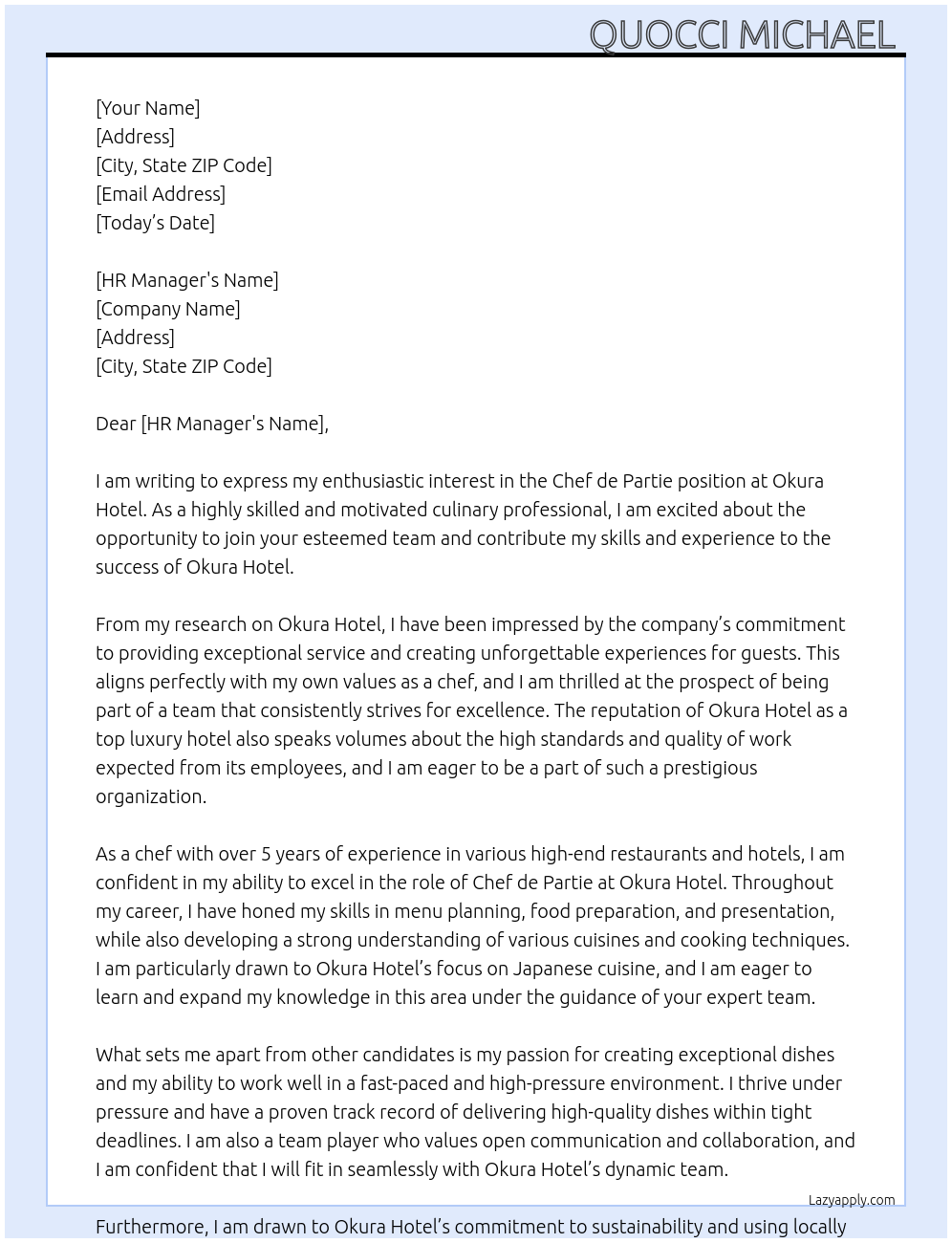 Chef de partie At Okura Hotel Cover Letter