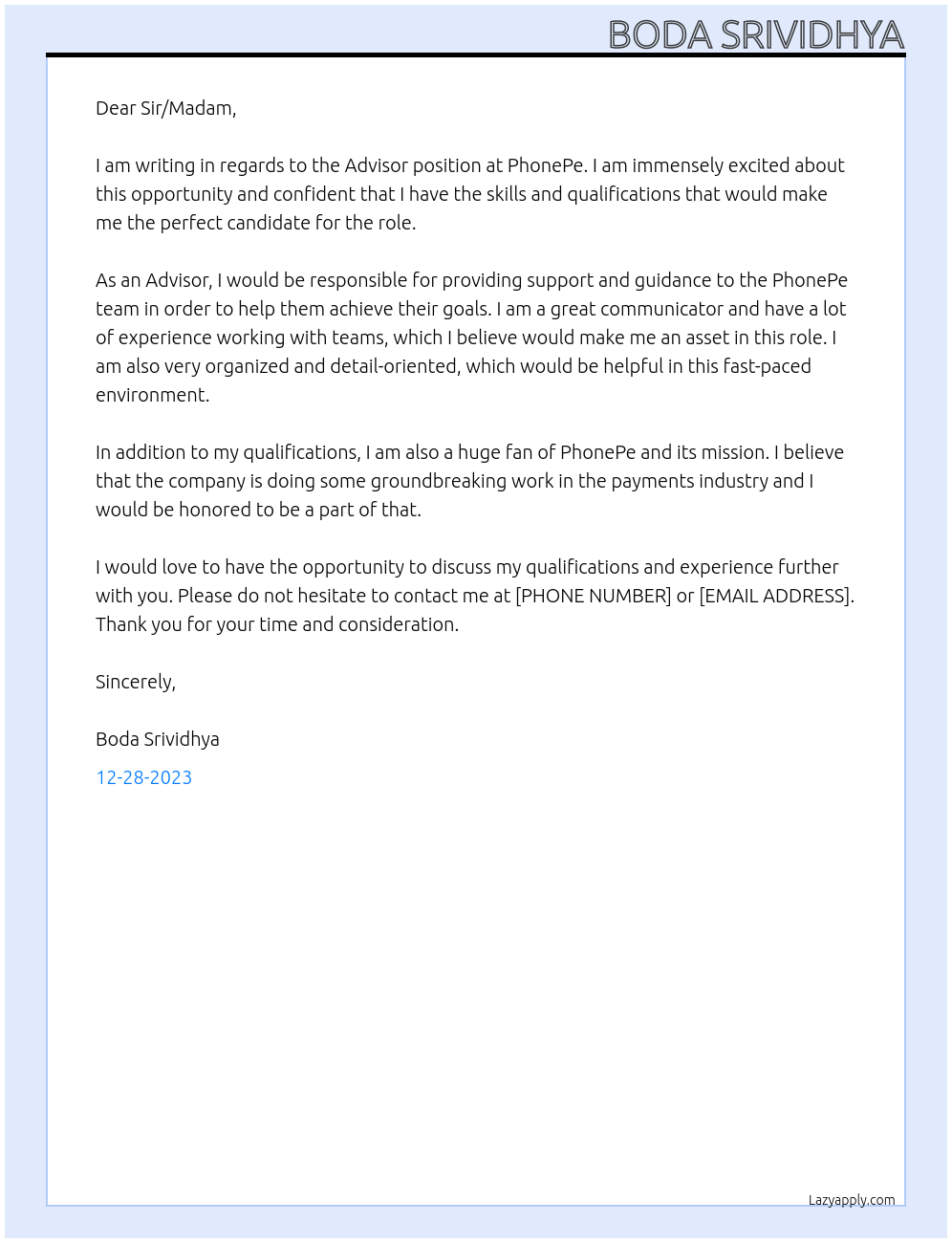 Advisor At PhonePe Cover Letter