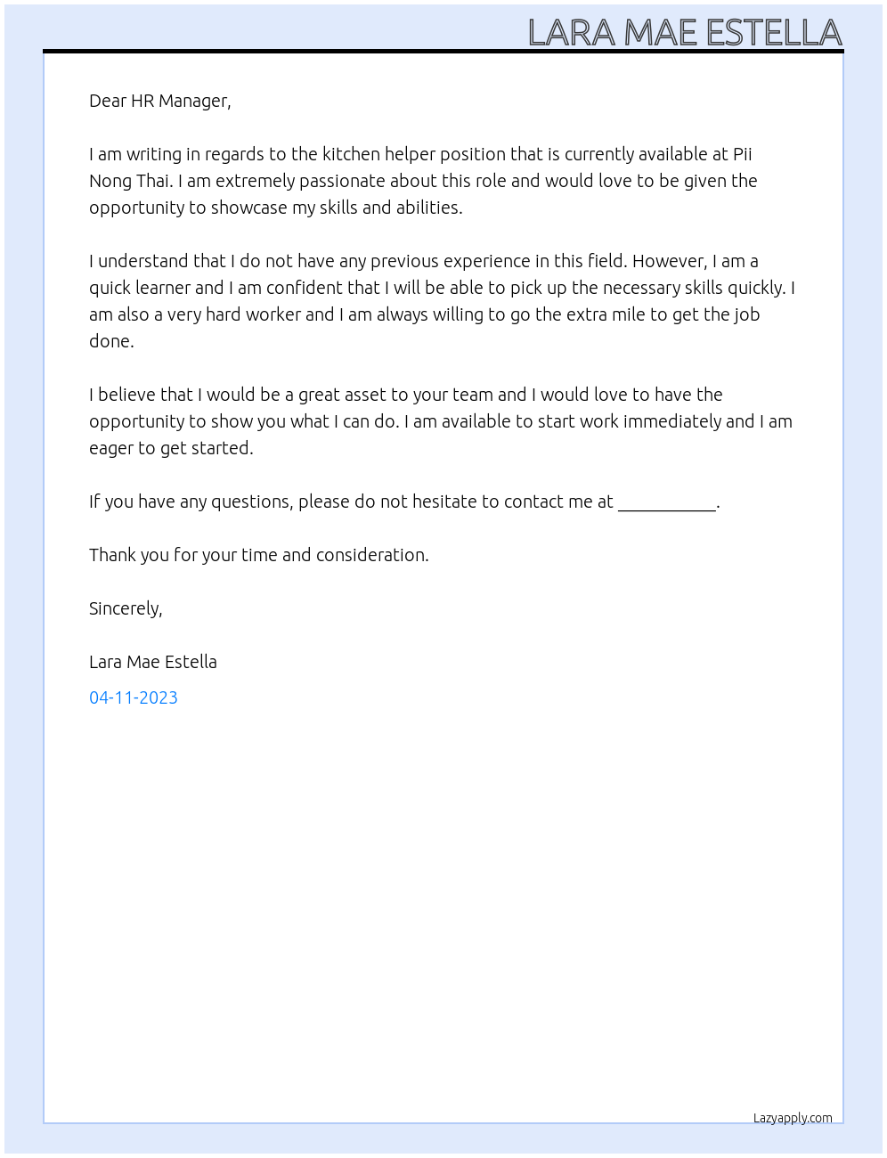 kitchen helper At Pii Nong Thai Cover Letter