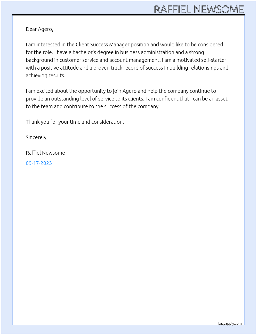 Client Success Manager At Agero Cover Letter