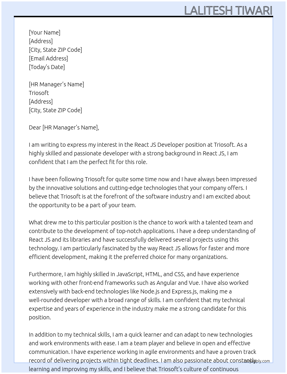 React JS Developer At Triosoft Cover Letter