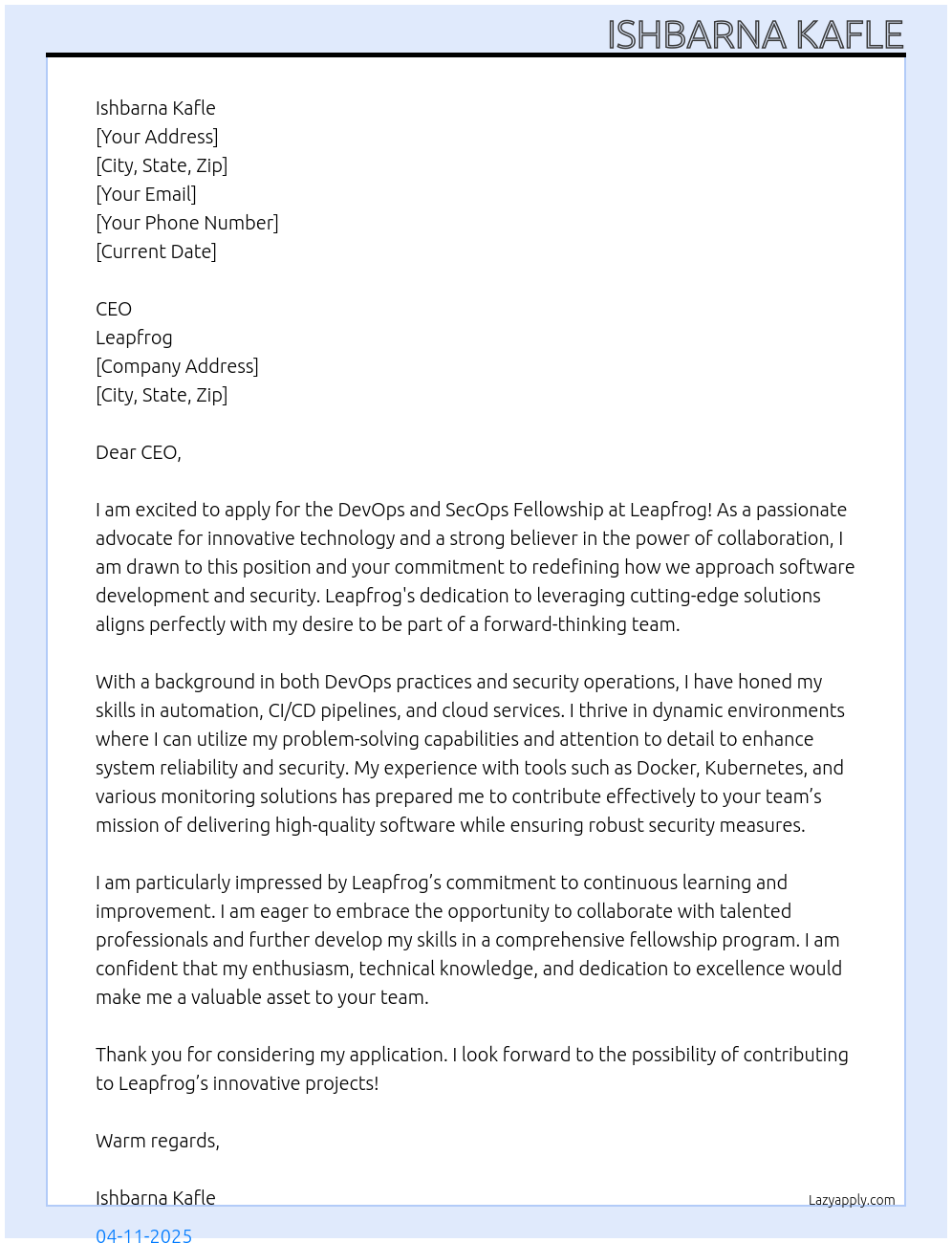 Cover letter for devops and secops fellowship - LazyApply