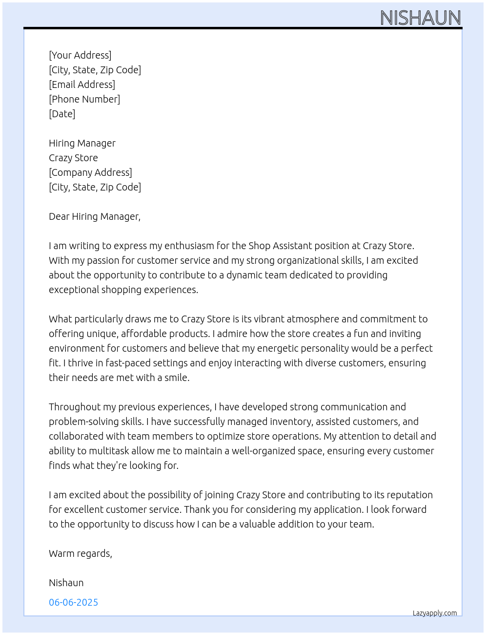 Shop Assistant At crazy store Cover Letter