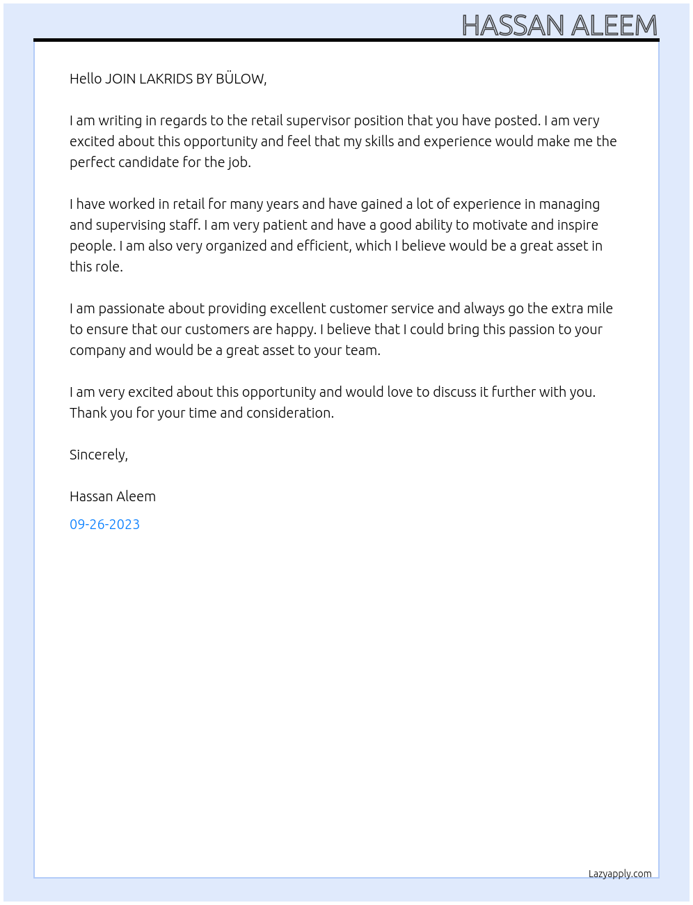 retail supervisor  At JOIN LAKRIDS BY BÜLOW Cover Letter