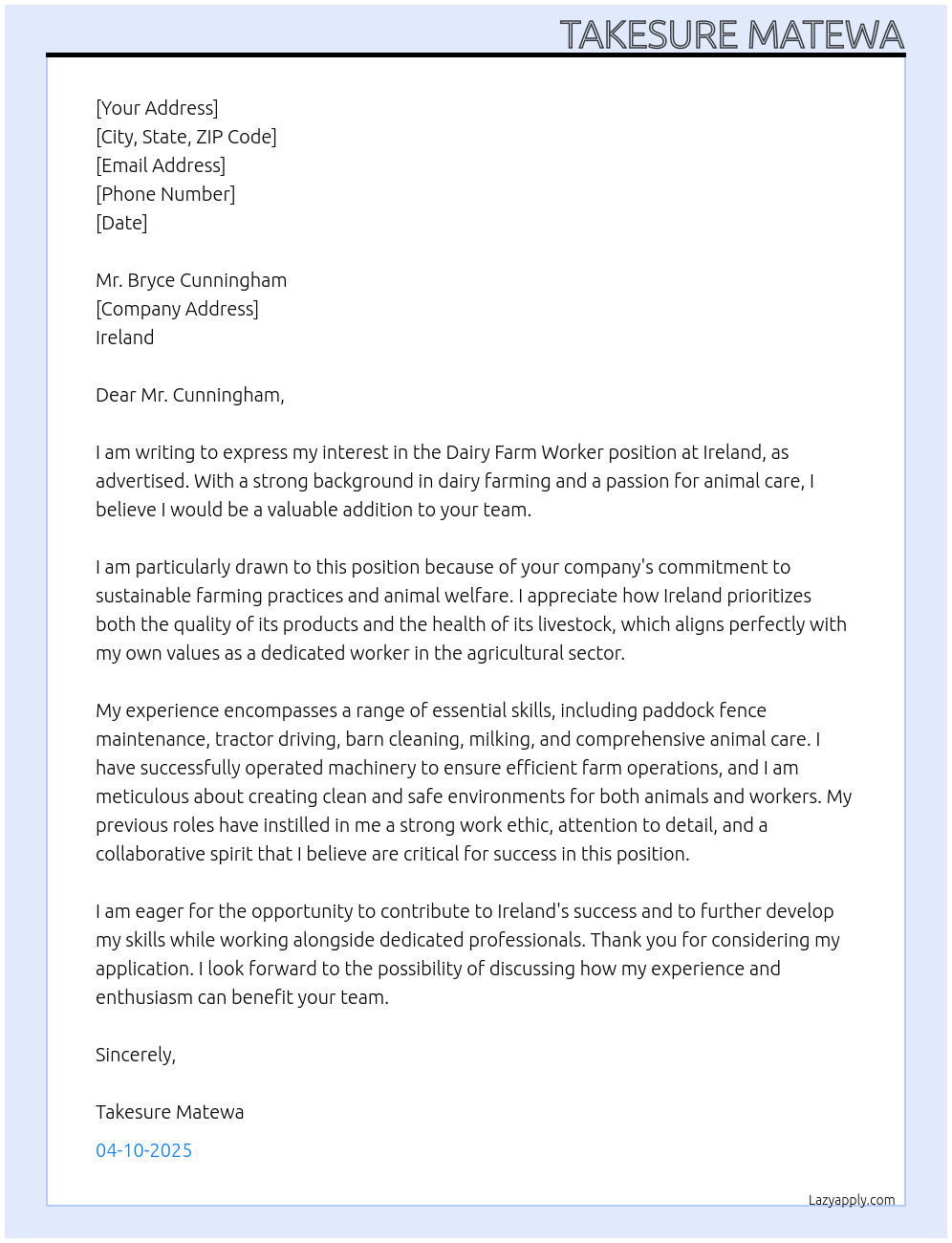 Dairy Farm Worker At Ireland Cover Letter
