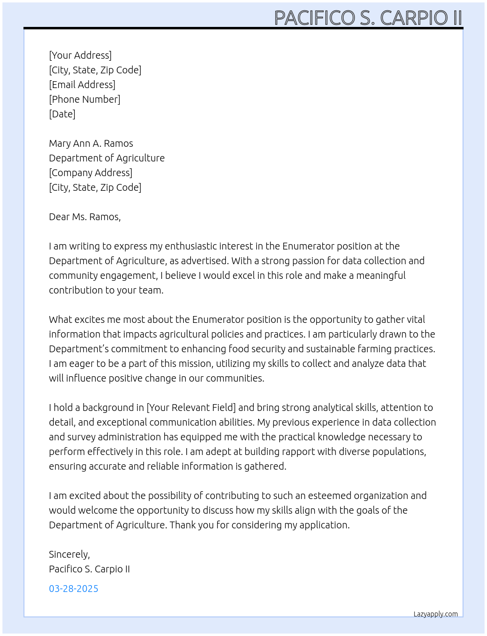 Enumerator At Department of agriculture Cover Letter