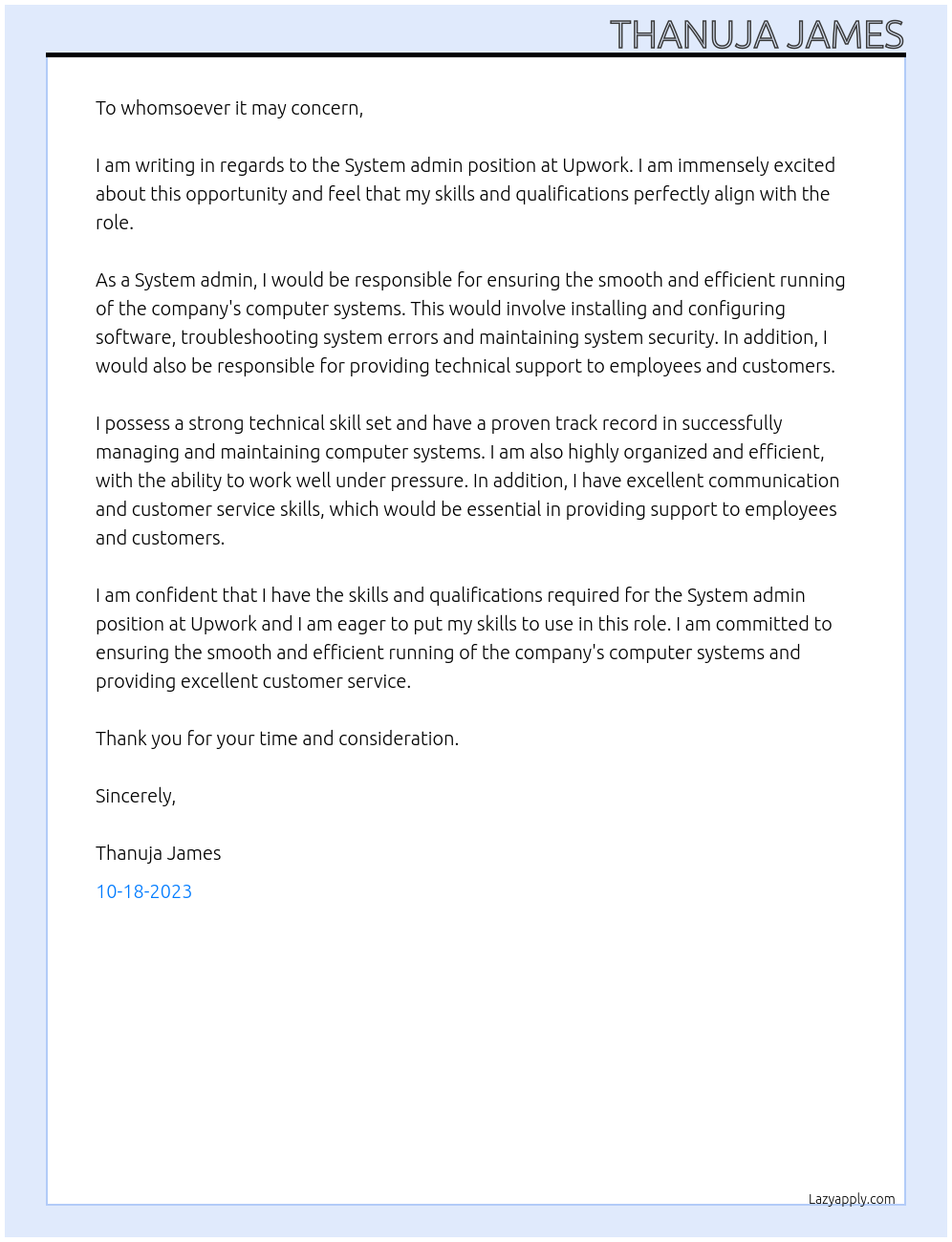 System admin At Upwork Cover Letter