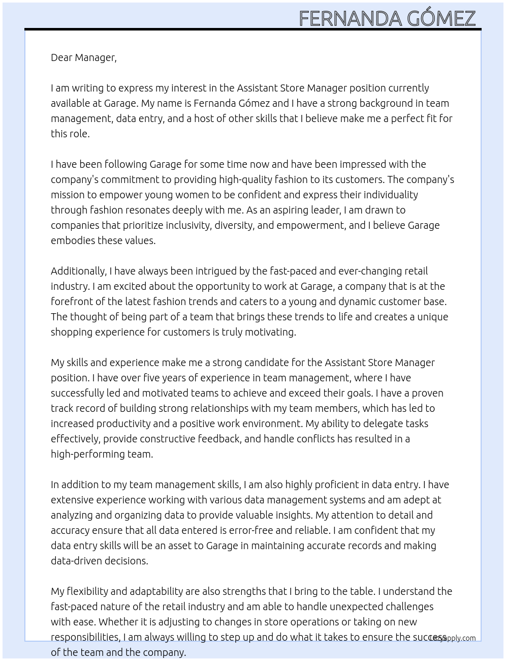 Assistant store manager At Garage Cover Letter