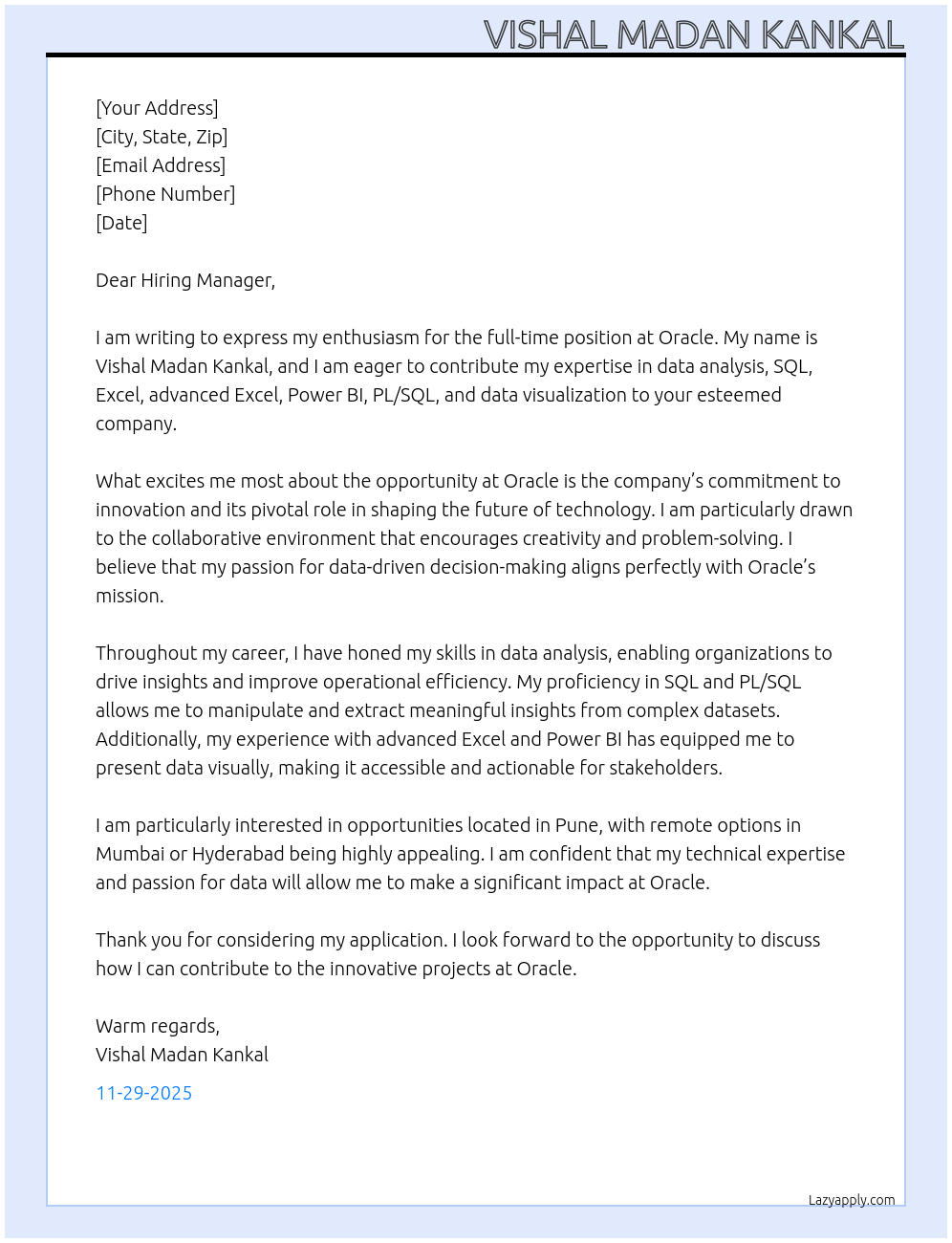 Oracle At Oracle Cover Letter