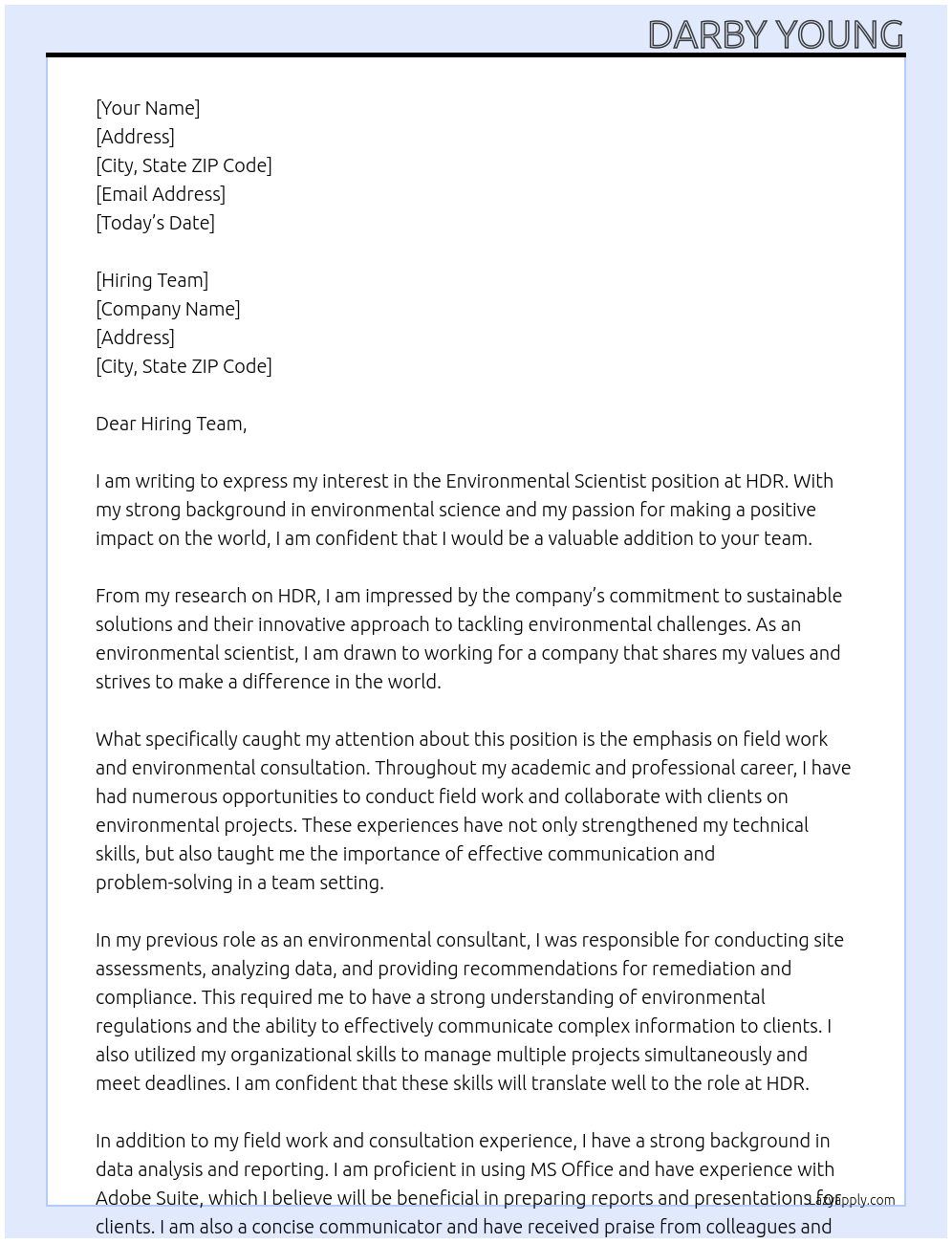 Environmental Scientist At HDR Cover Letter