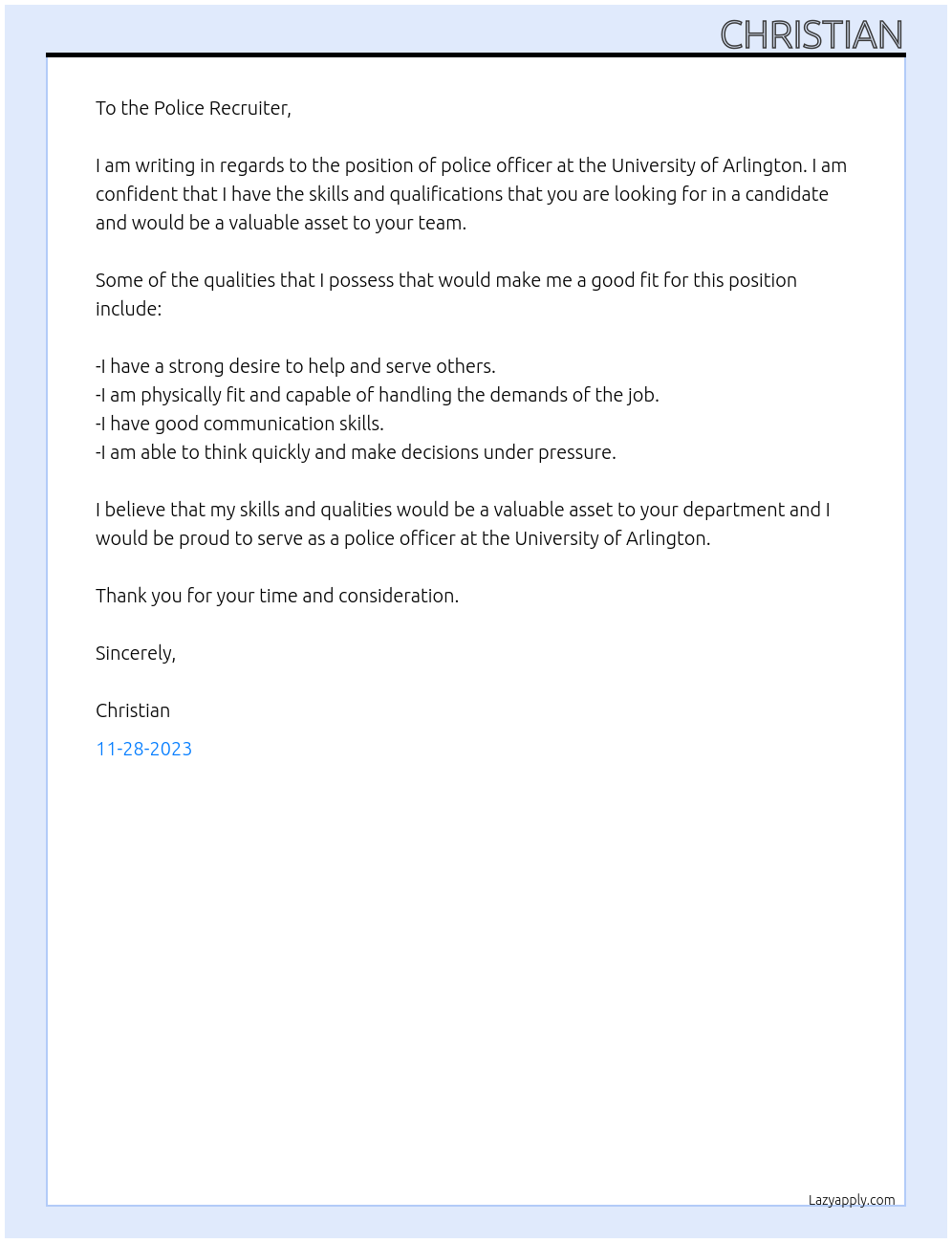 Police Officer At University of Arlington Cover Letter