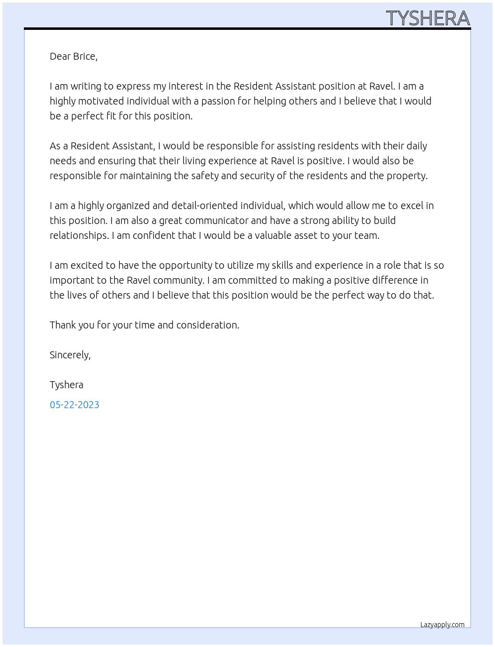 Resident Assistant At Ravel Cover Letter