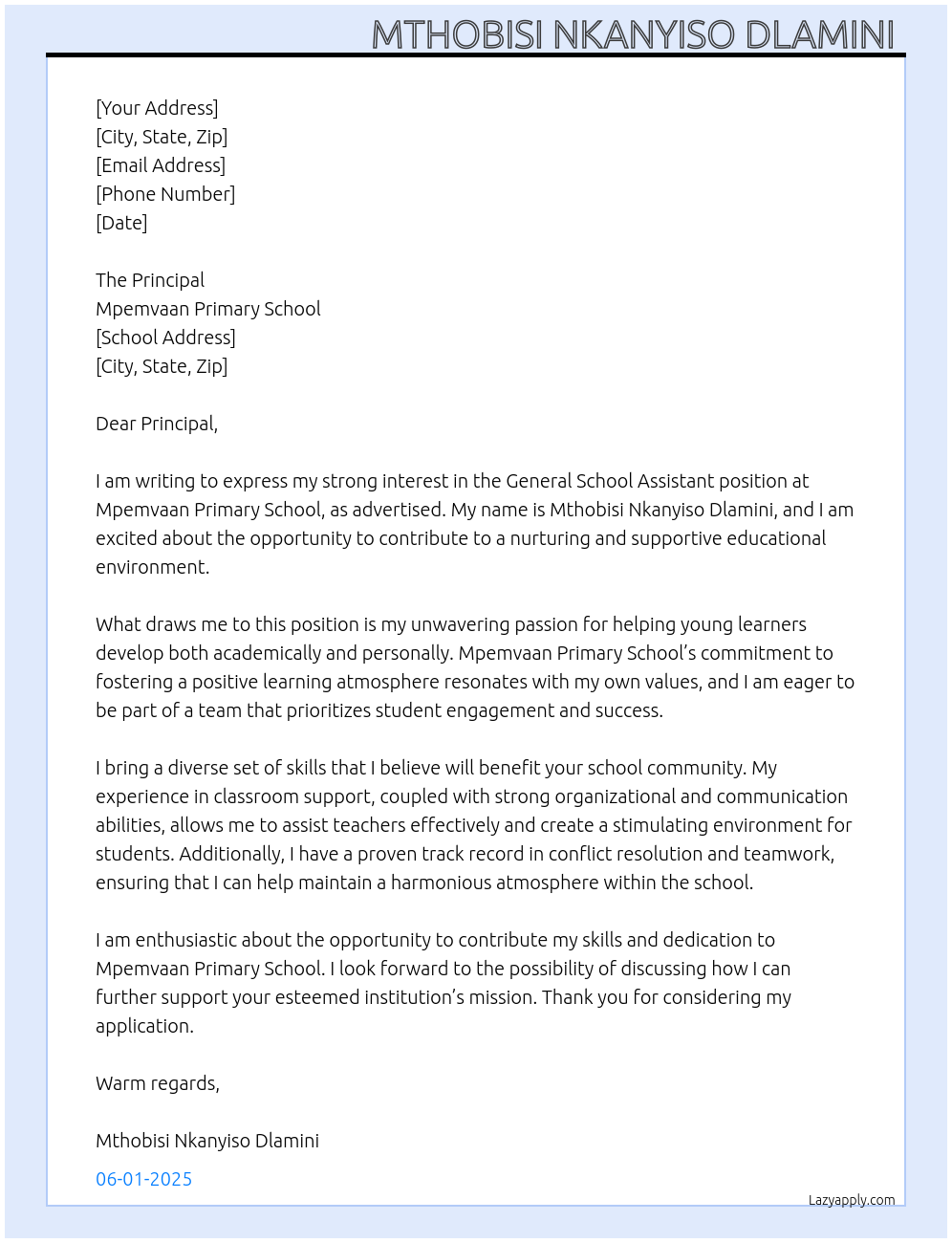 General School Assistant  At Mpemvaan Primary School  Cover Letter