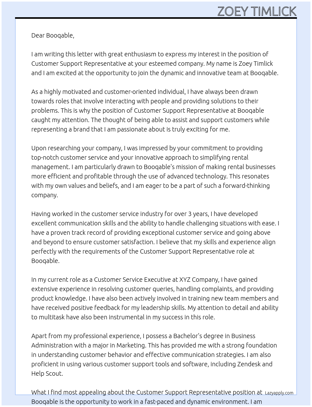 Customer Support Representative At Booqable Cover Letter