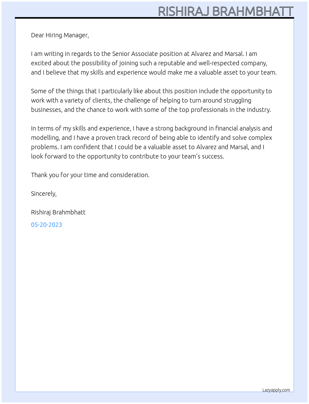 Senior Associate At Alvarez and Marsal Cover Letter