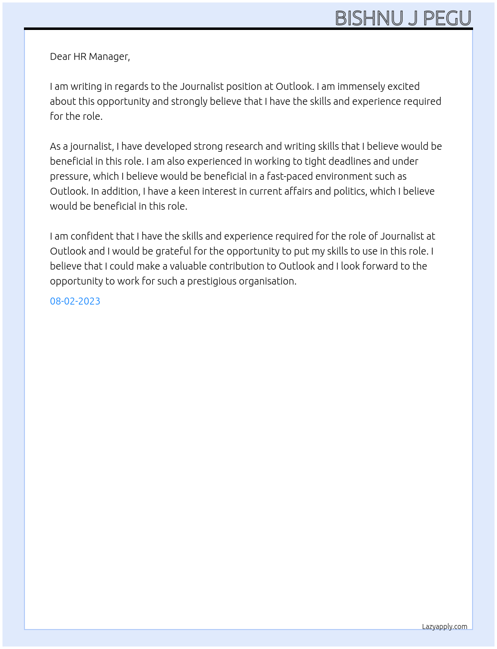 Journalist At Outlook Cover Letter