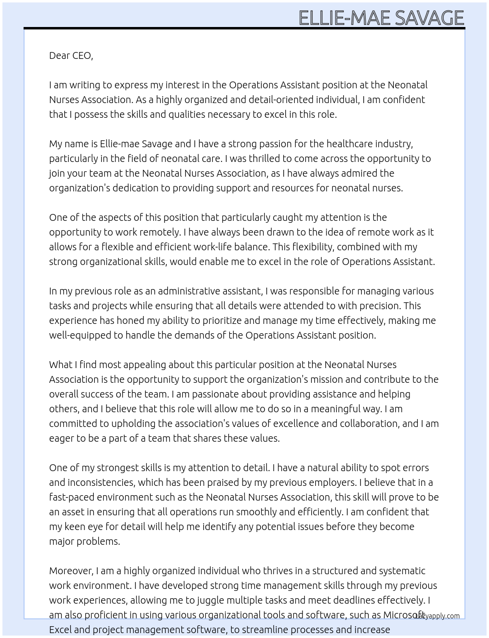 Operations assistant At Neonatal nurses association Cover Letter