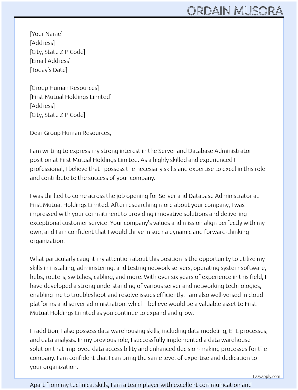 Cover letter for server and database administrator - LazyApply