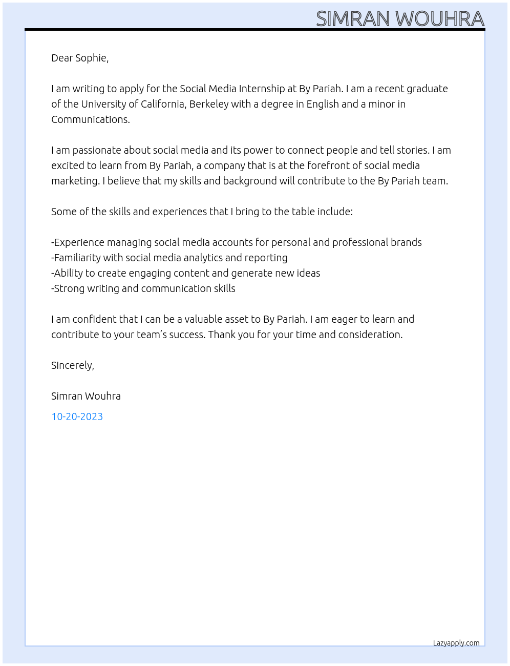 Social Media Internship At By Pariah Cover Letter