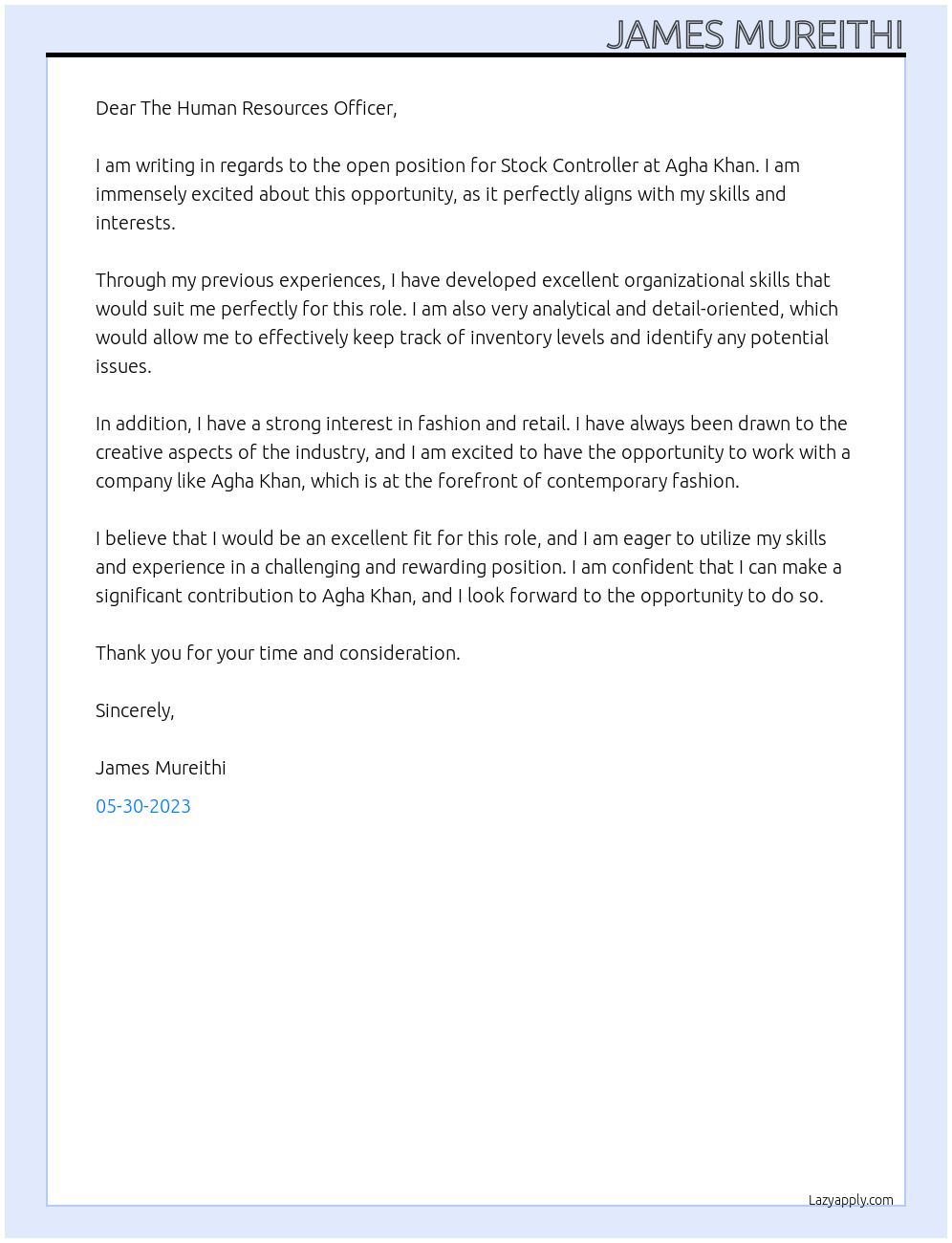 Stock Controller At Agha Khan Cover Letter