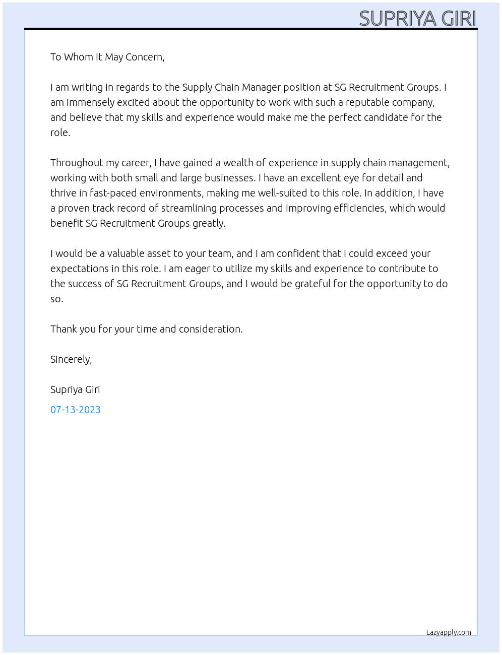 Supply Chain Manager At FMCG, Marketing Companies Cover Letter