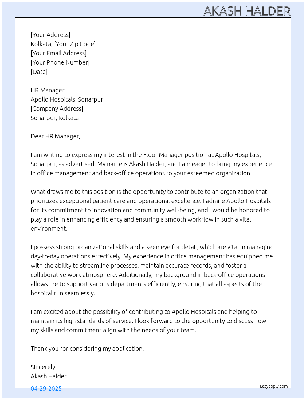 Cover letter for floor manager - LazyApply