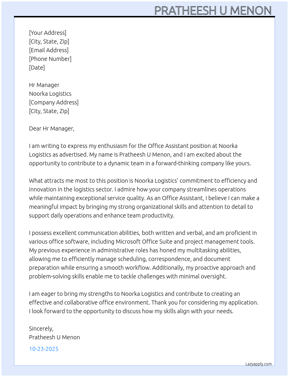 Cover letter for office assistant - LazyApply