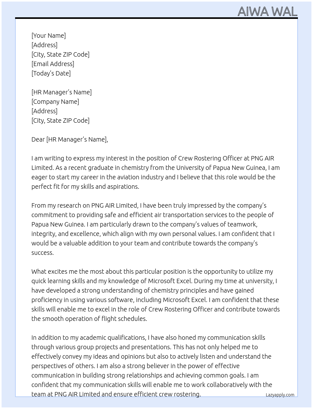 CREW ROSTERING OFFICER At PNG AIR Limited Cover Letter