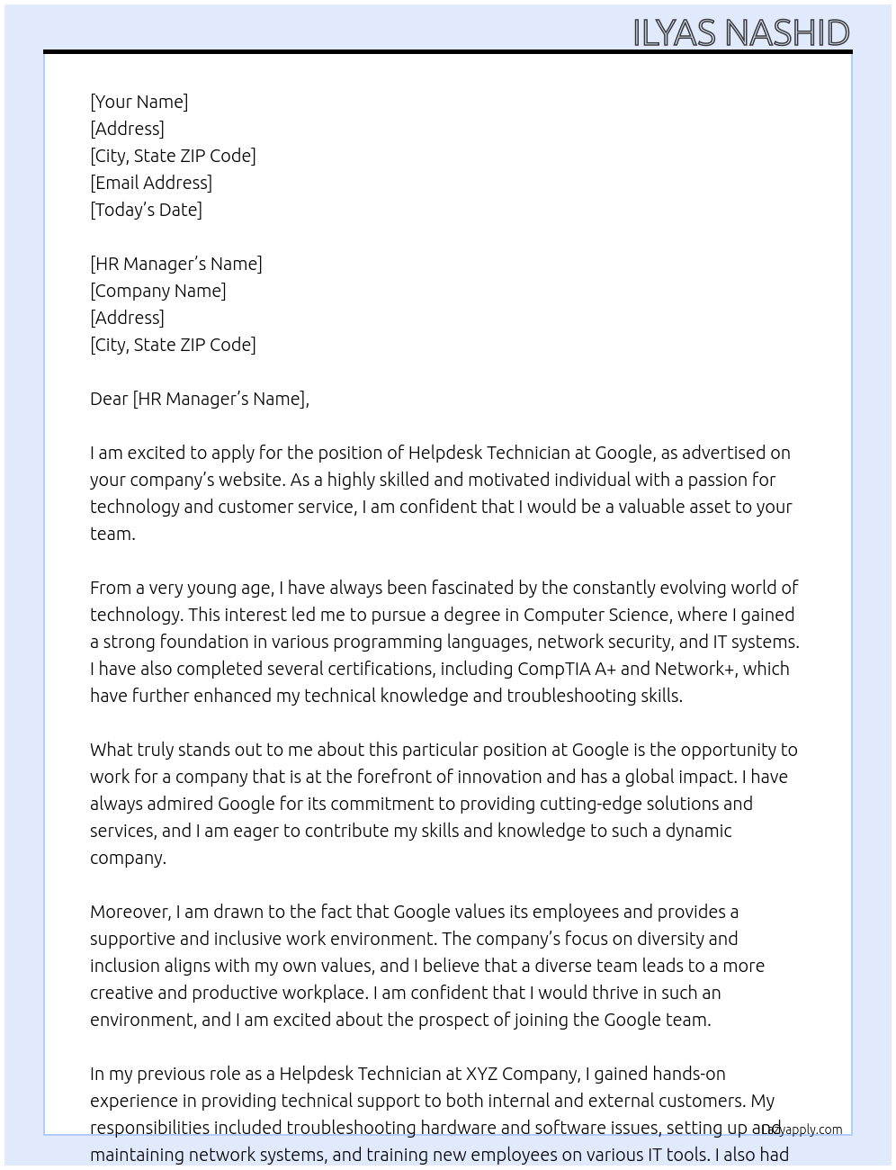 Helpdesk Technician At Google Cover Letter