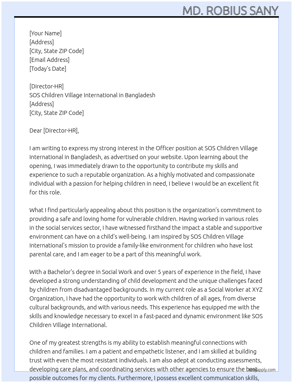 Officer At SOS Children Village International in Bangladesh Cover Letter