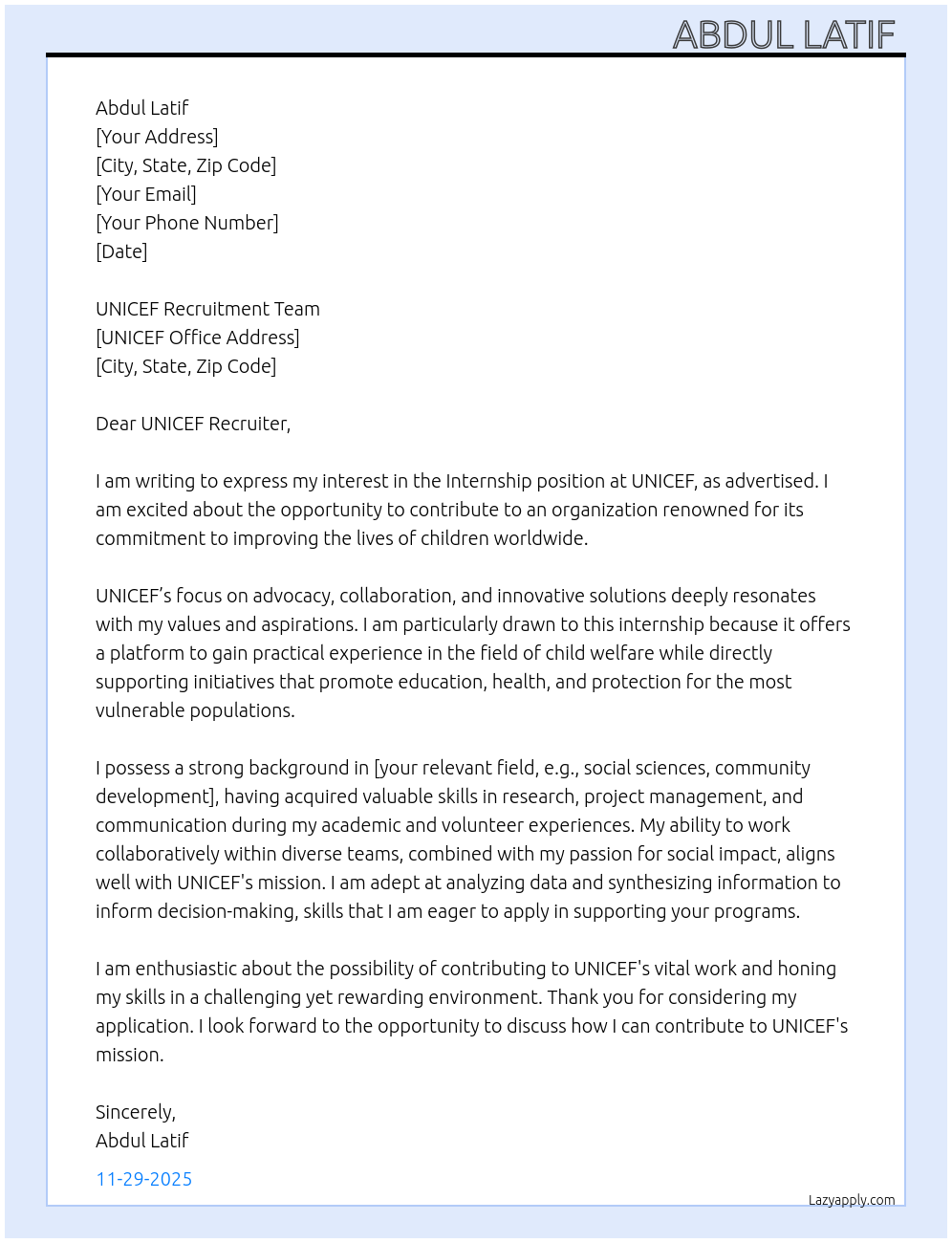 Internship At UNICEF Cover Letter