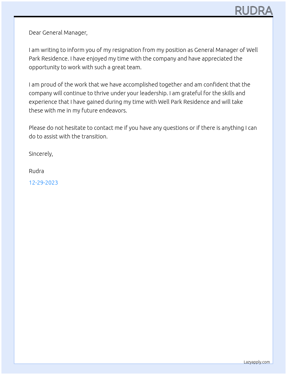 Resignation Letter At well park Residence Cover Letter