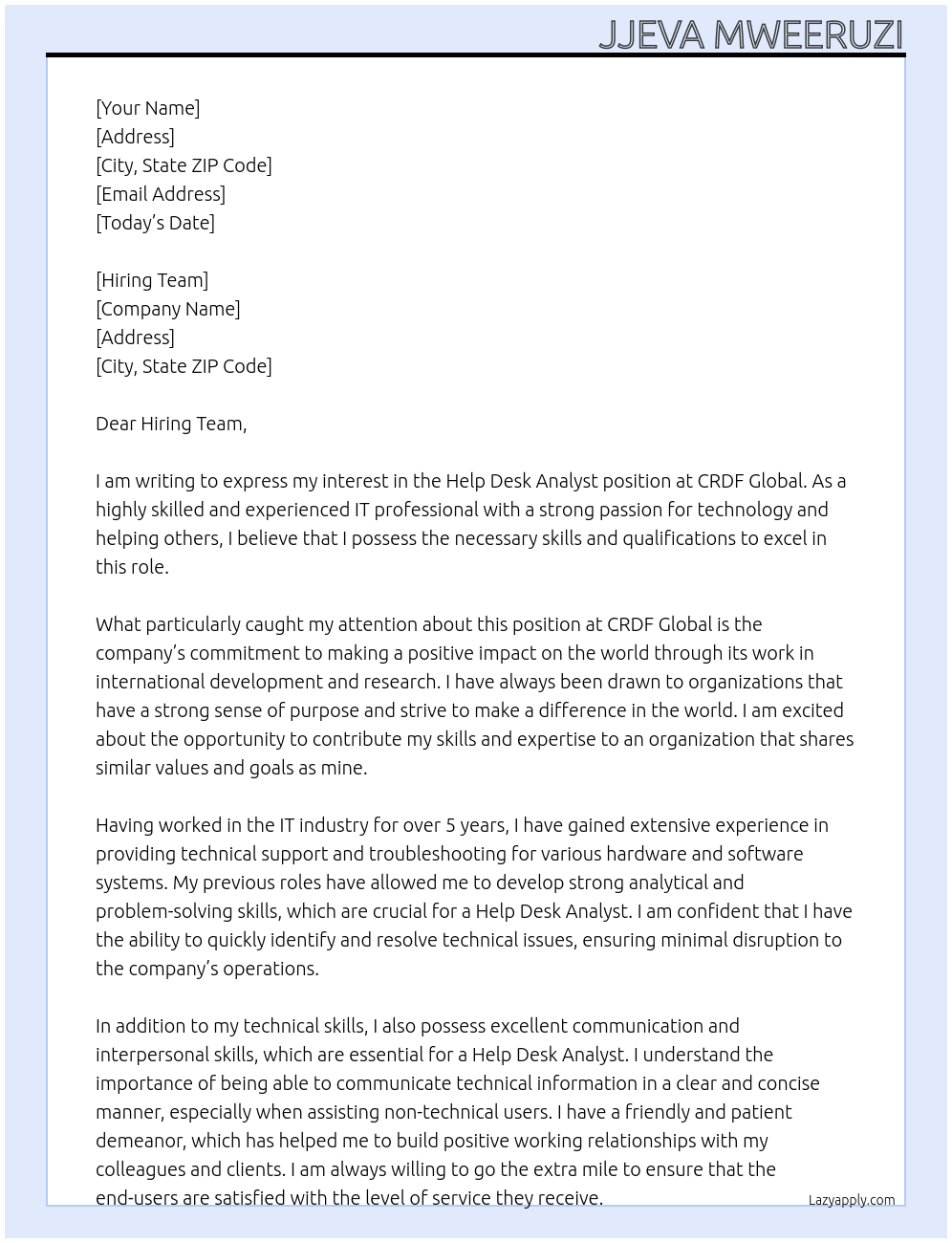 Help Desk Analyst At CRDF Global Cover Letter