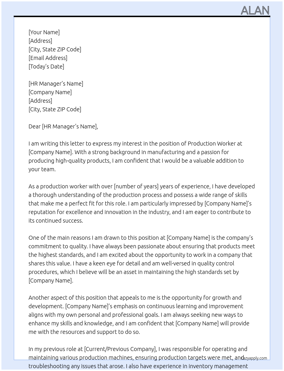 production worker At rdcco Cover Letter