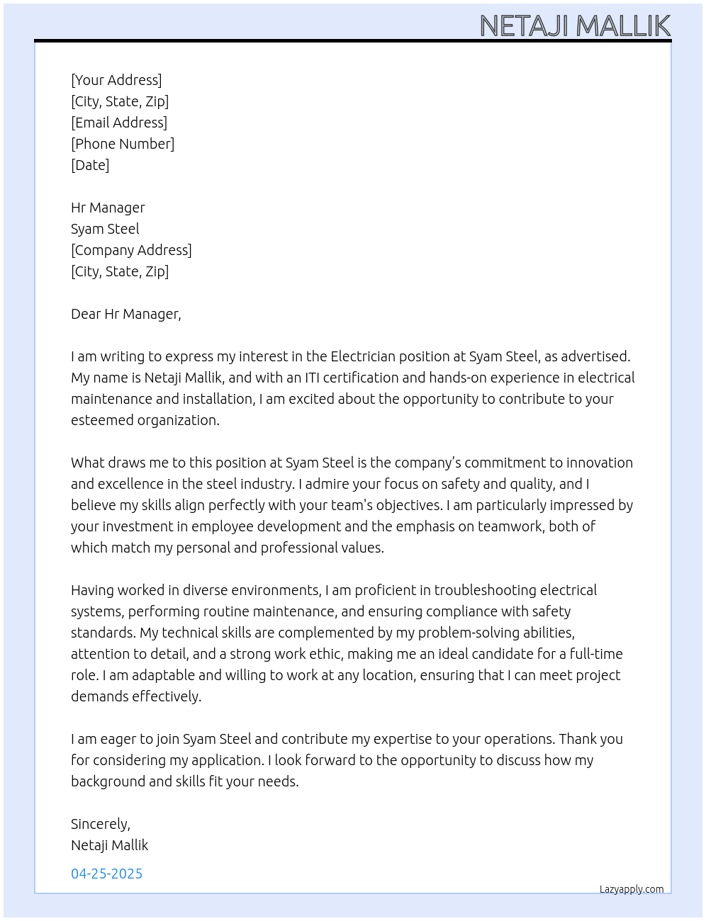 Electrician At Syam steel Cover Letter