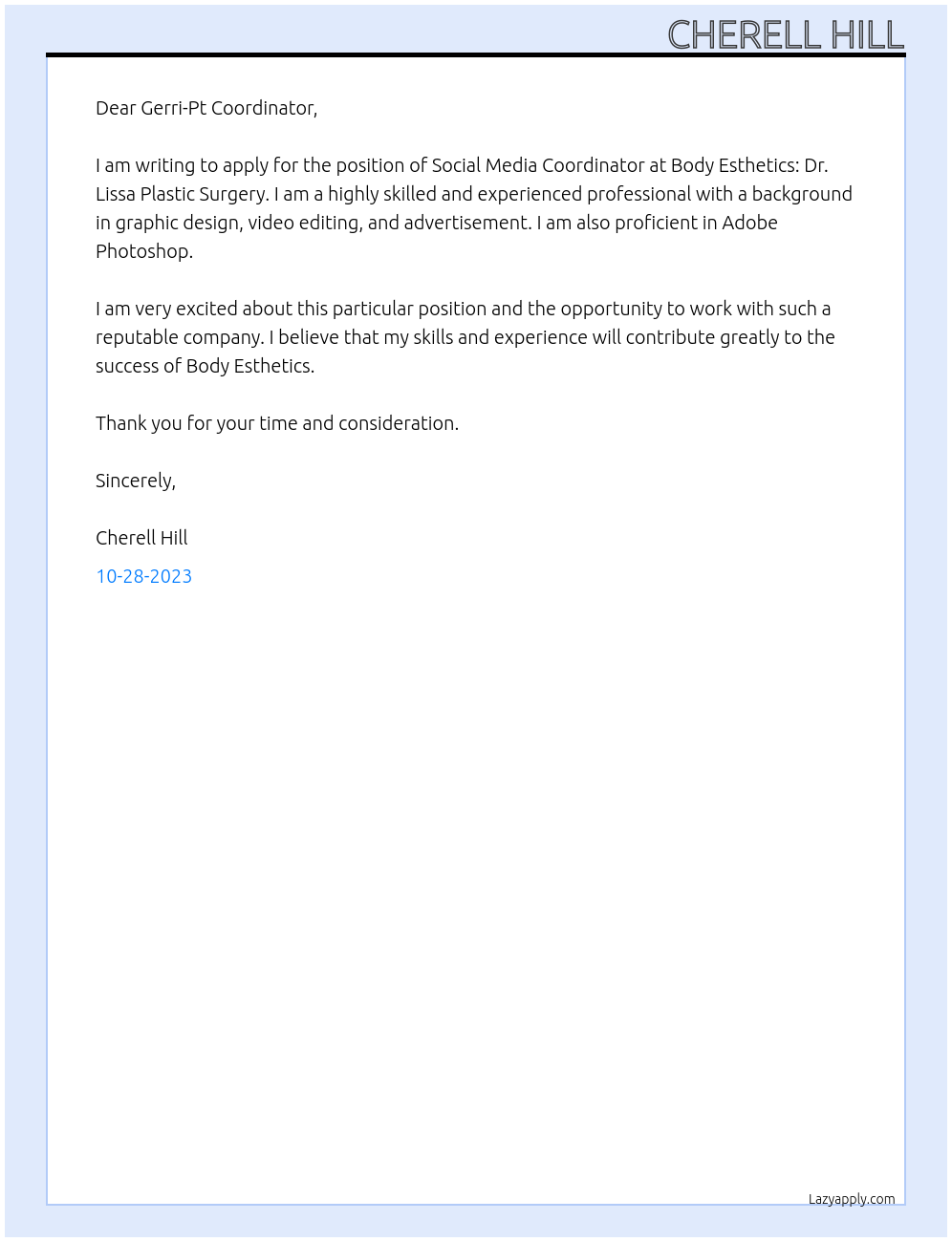 Social Media Coordinator At Body Esthetics: Dr. Lissa Plastic Surgery Cover Letter