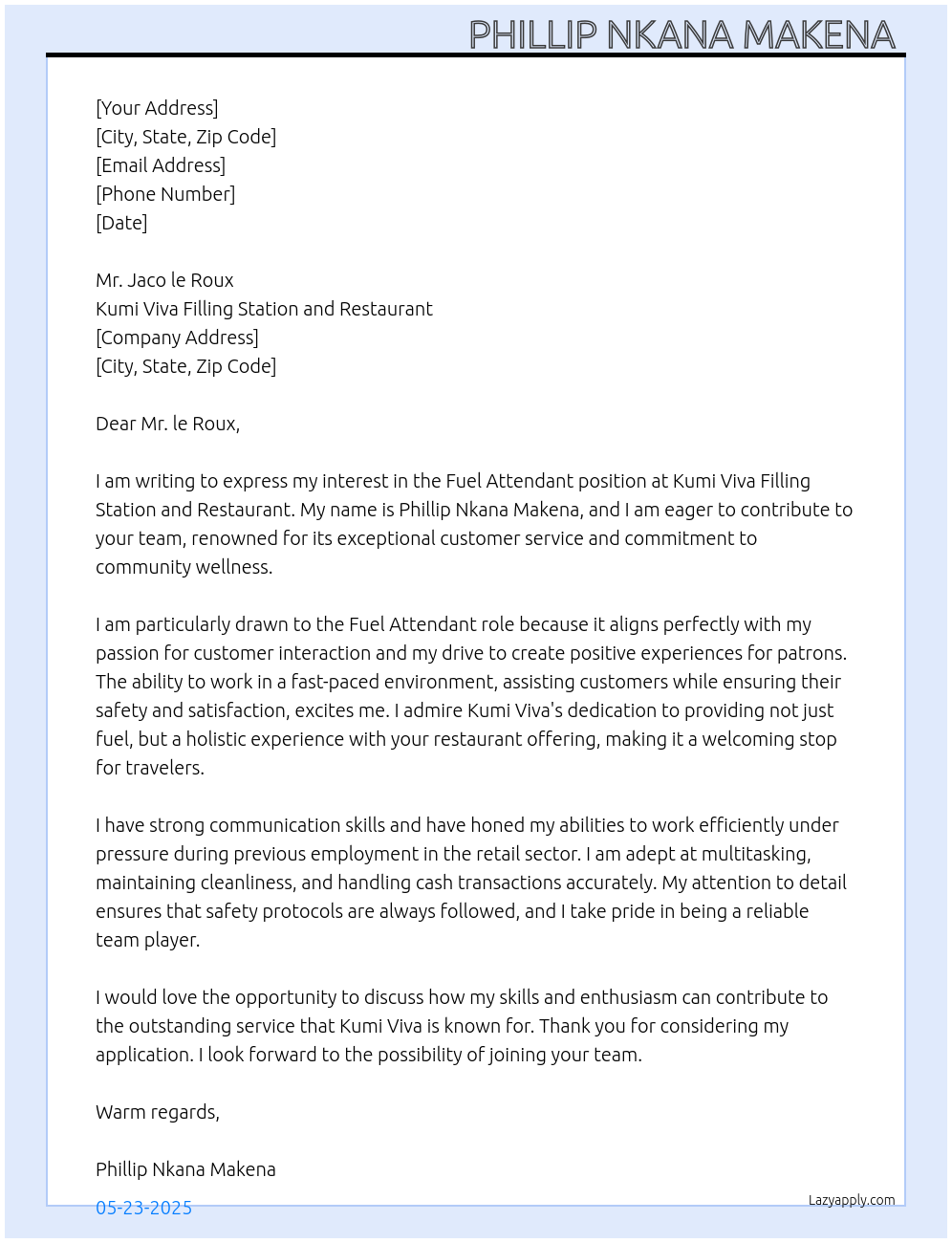 Fuel attendant At Kumi Viva filling station and restaurant Cover Letter