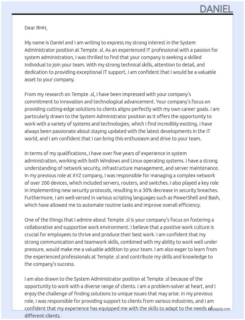 System Administrator At tempte .sl Cover Letter