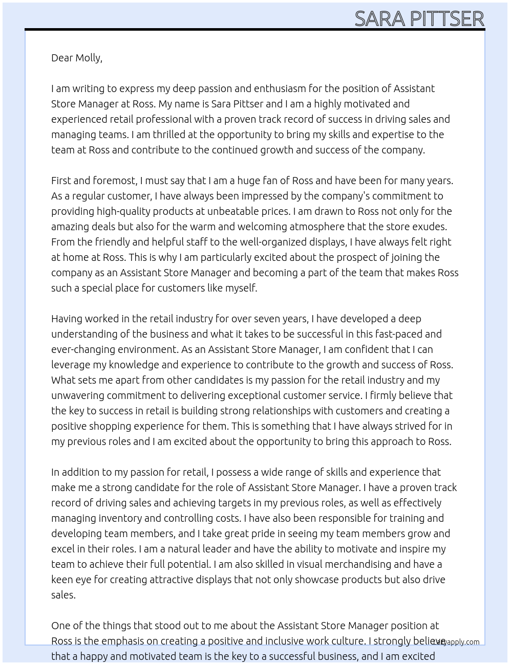 Assistant Store Manager At Ross Cover Letter