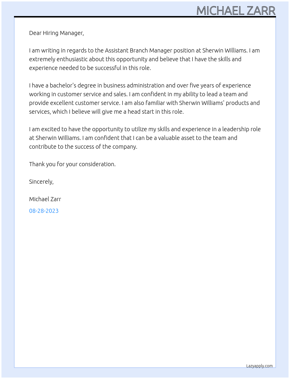 Assistant Branch Manager At Sherwin Williams Cover Letter