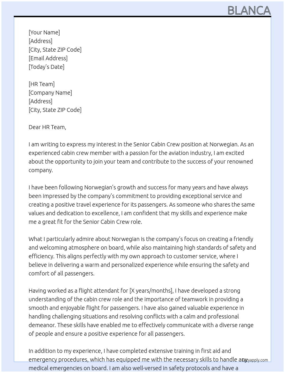 Senior Cabin Crew At NORWEGIAN Cover Letter