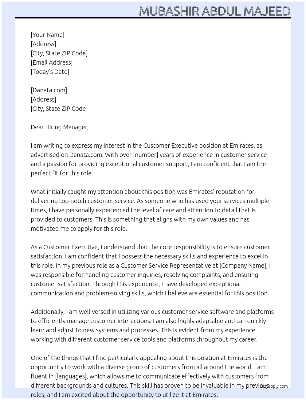 Customer Executive At Emirites Cover Letter